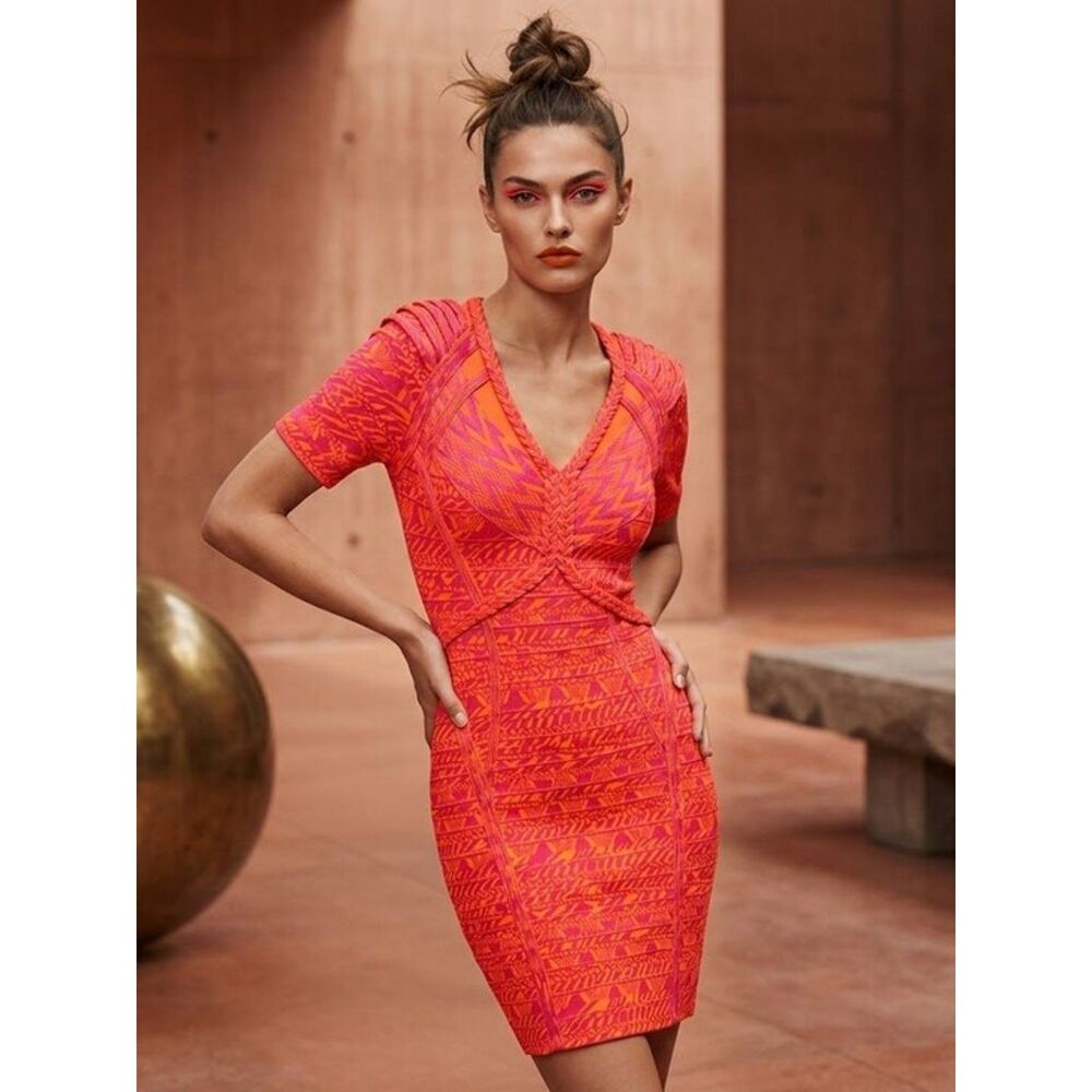 Lerouge Orange Pink Geo Print Cold Shoulder Bandage Dress Size Medium NWT